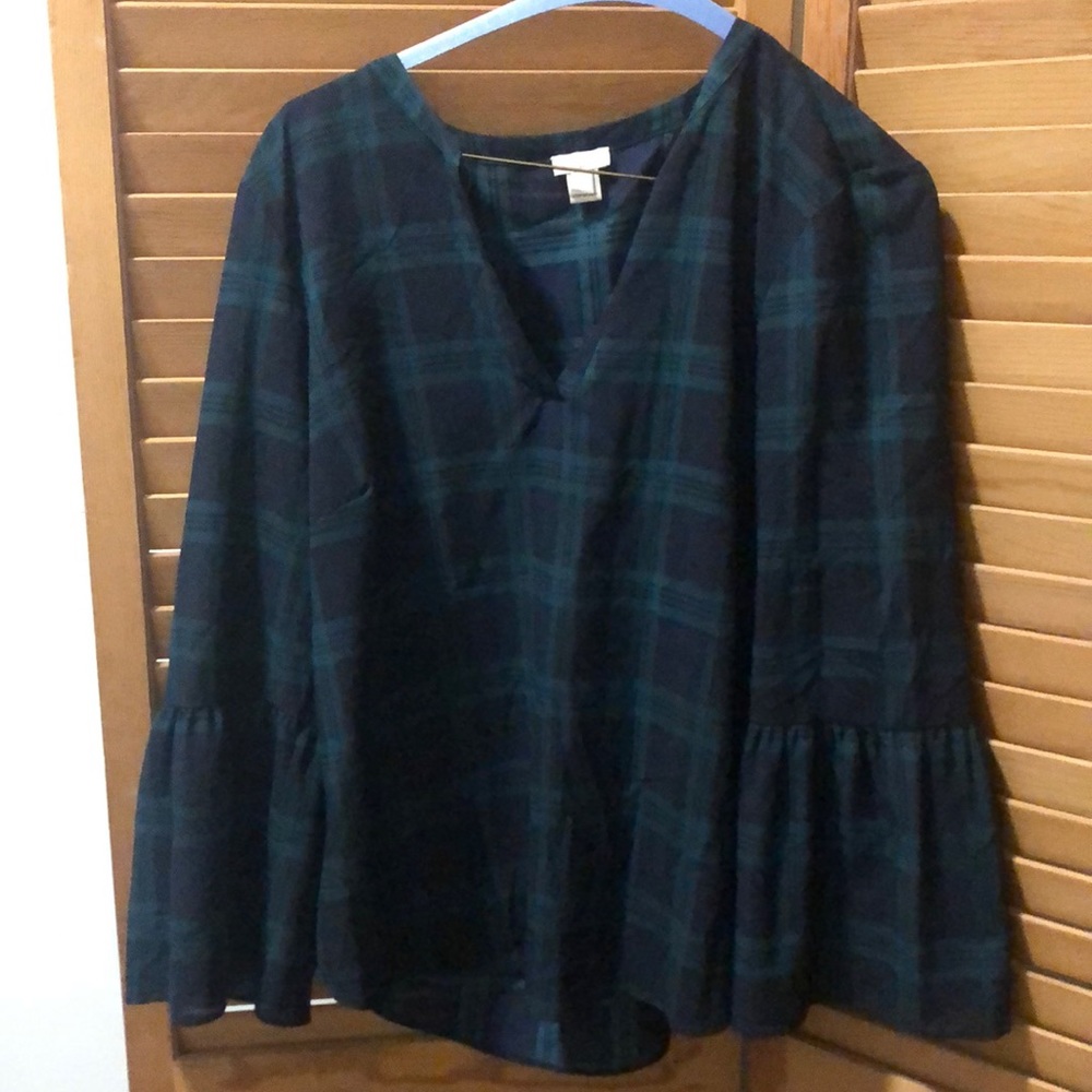 jcrew factory blue and green plaid bell sleeve blouse